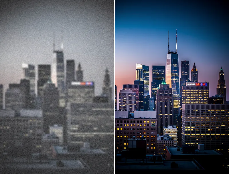 Before and after image quality enhancement showing blurry photo transformed to sharp clear result