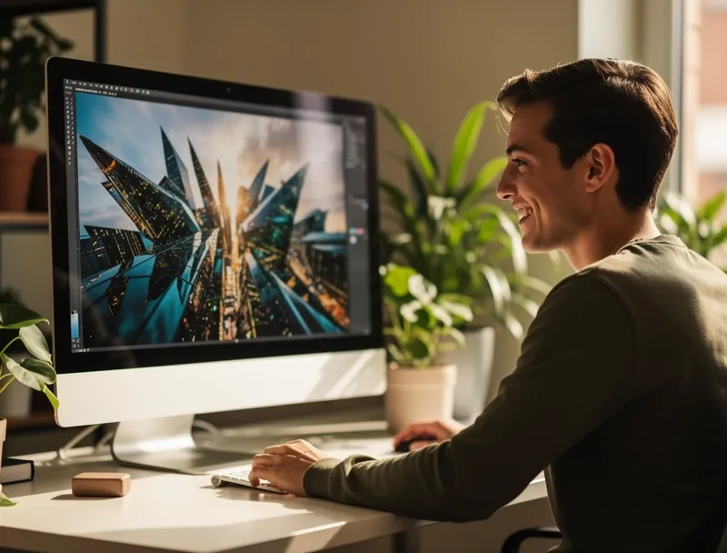 Person viewing enhanced high quality photo on screen with satisfaction