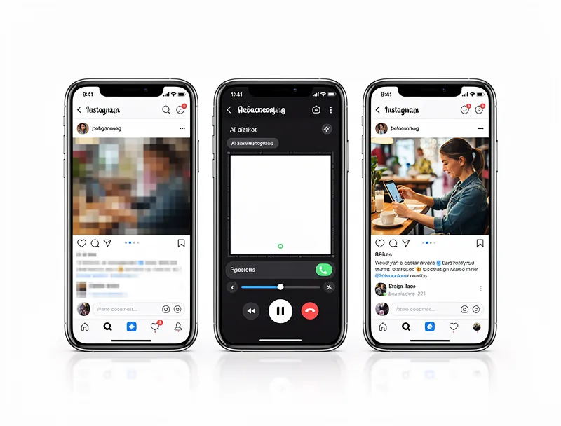 Smartphones showing social media image enhancement from blurry to sharp