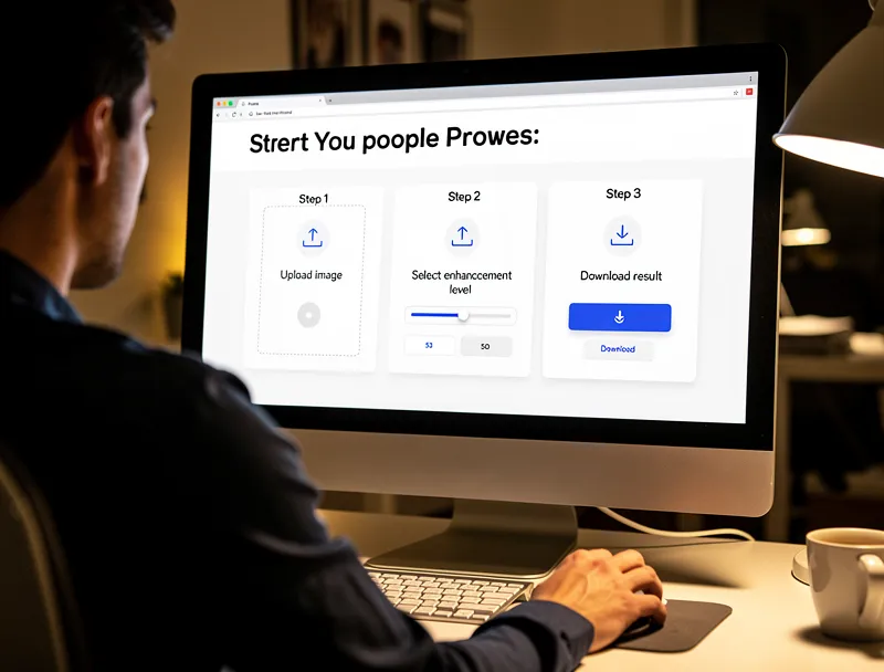 Person using AI image quality enhancer tool on desktop computer
