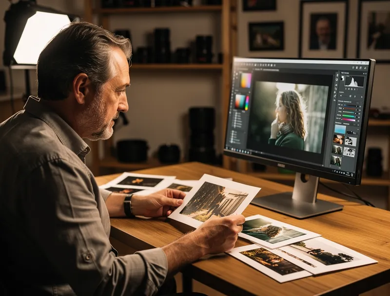 Professional photographer reviewing upscaled images on computer with format conversion
