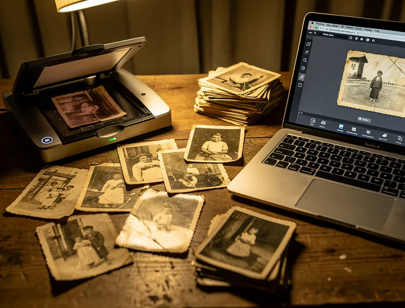 Old photo restoration workflow — faded image brought back to full detail