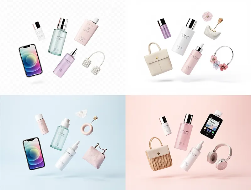 Ecommerce product photos with clean backgrounds displayed on multiple colored backdrops