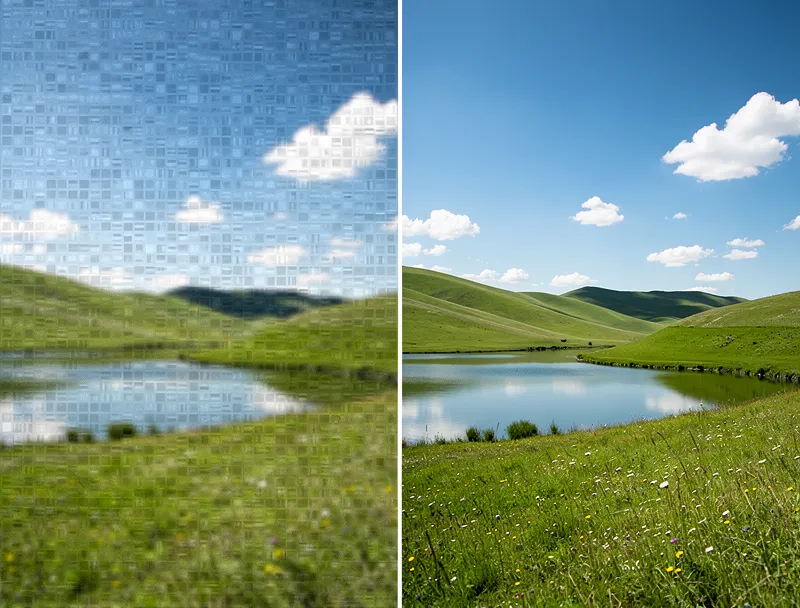 Split screen showing pixelated blurry photo on left versus sharp high-resolution photo on right