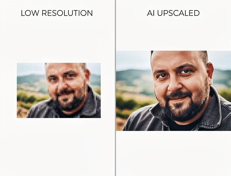 AI upscaling demonstration showing small pixelated image enlarged with sharp details