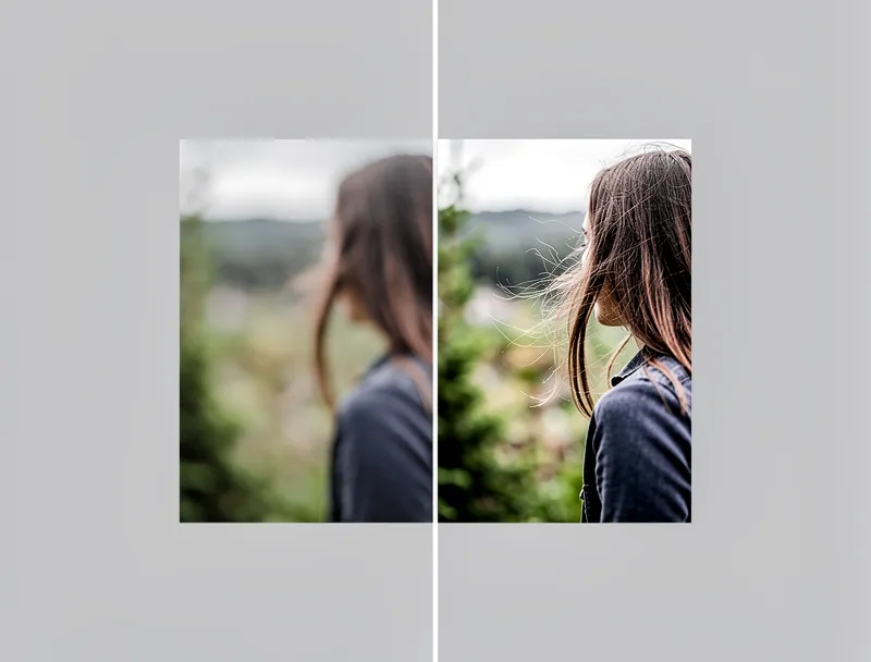 Image sharpening demonstration showing soft photo with enhanced crisp edges