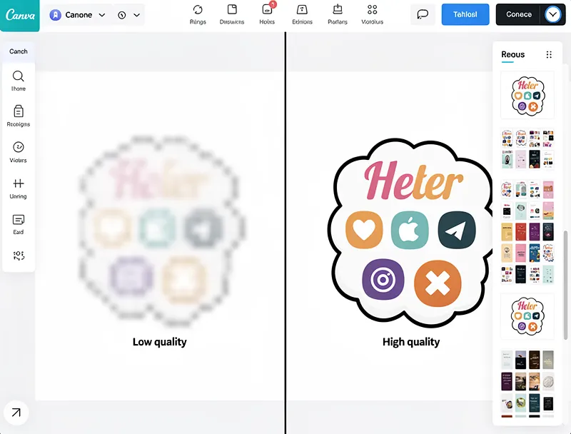 Before and after comparison showing a blurry Canva design element transformed into a crisp, print-ready version
