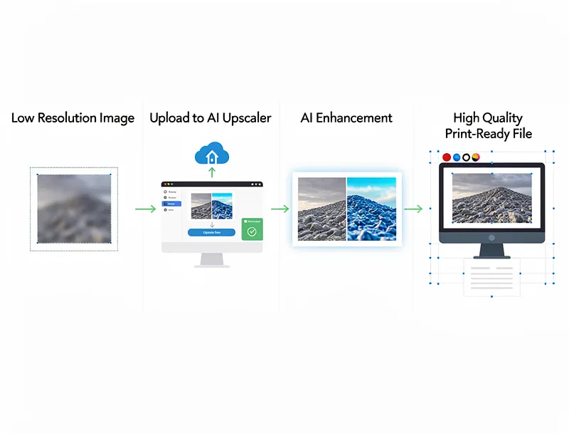 Step by step workflow diagram showing image upscaling process before Canva upload