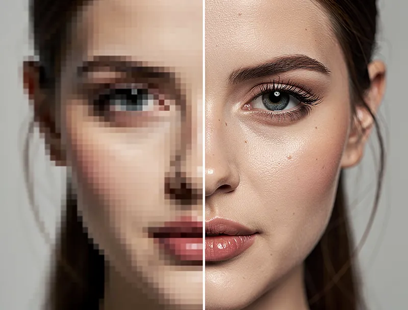 Side by side comparison of bicubic upscaling with blocky artifacts versus smooth AI upscaling result