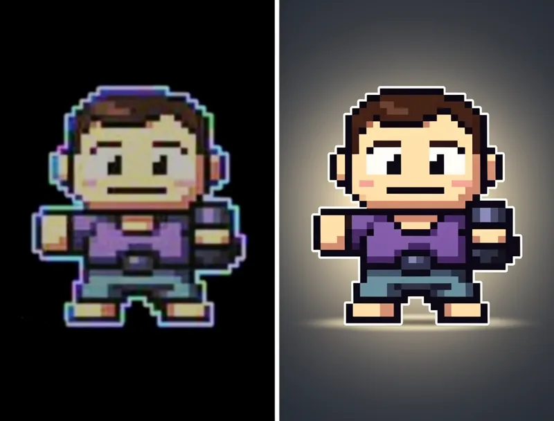 Low resolution pixelated GIF frame compared to sharp high quality upscaled version
