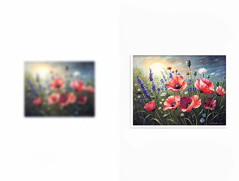 Low resolution DALL-E artwork compared to AI-upscaled high resolution version