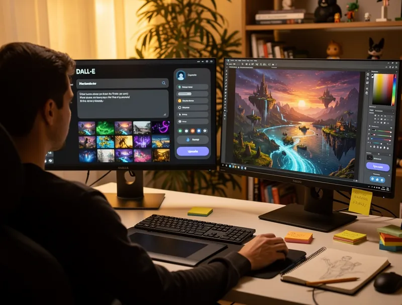 Creative workspace showing DALL-E generation and upscaling workflow