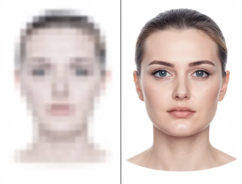 Before and after comparison of blurry versus sharp passport photo